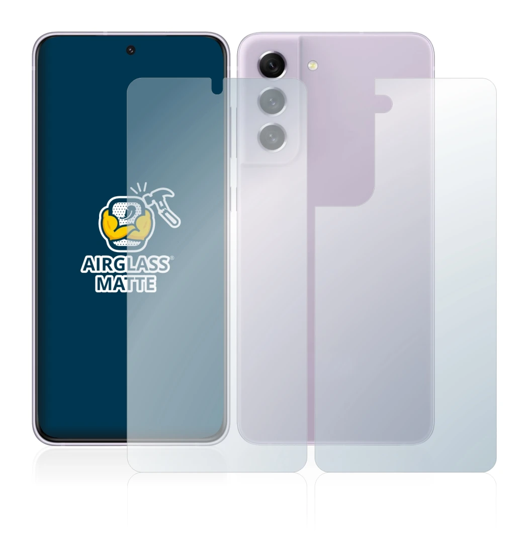 Abbildung des Geräts Samsung Galaxy S21 FE 5G (Display+Rückseite) mit einer Vielzahl des Displayschutzes.
