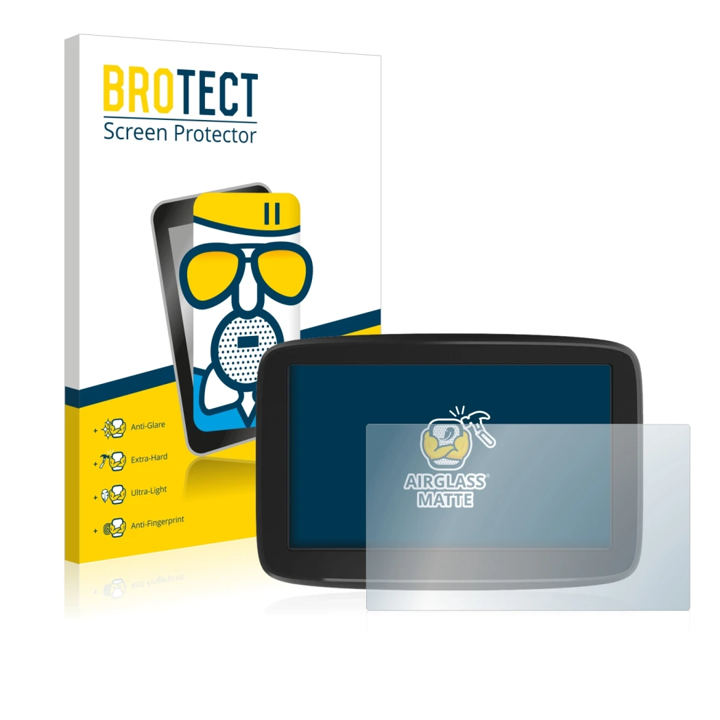 Vorderseite einer Produktverpackung mit dem Markenlogo BROTECT. Daneben ist das Gerät TomTom GO Classic 5