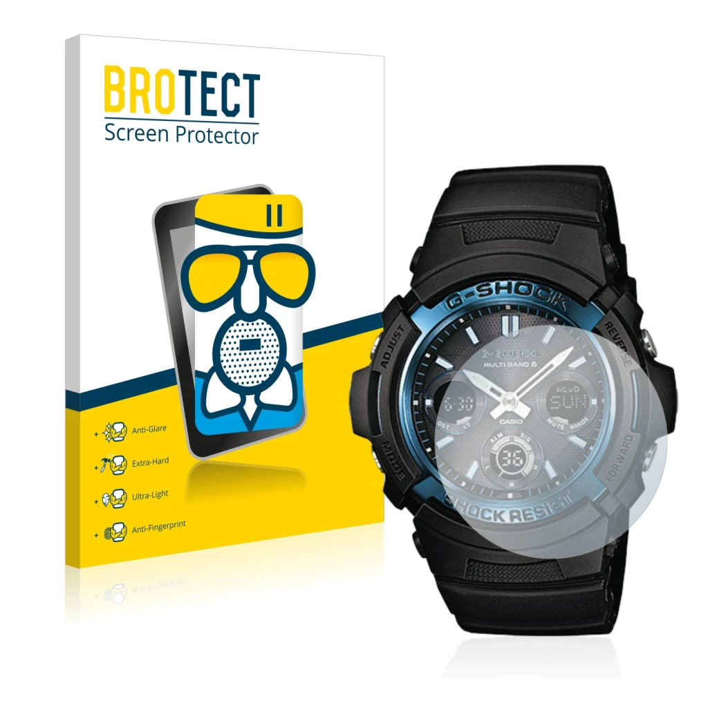 Vorderseite einer Produktverpackung mit dem Markenlogo BROTECT. Daneben ist das Gerät Casio AWG M100 mit dem zugehörigen Displ