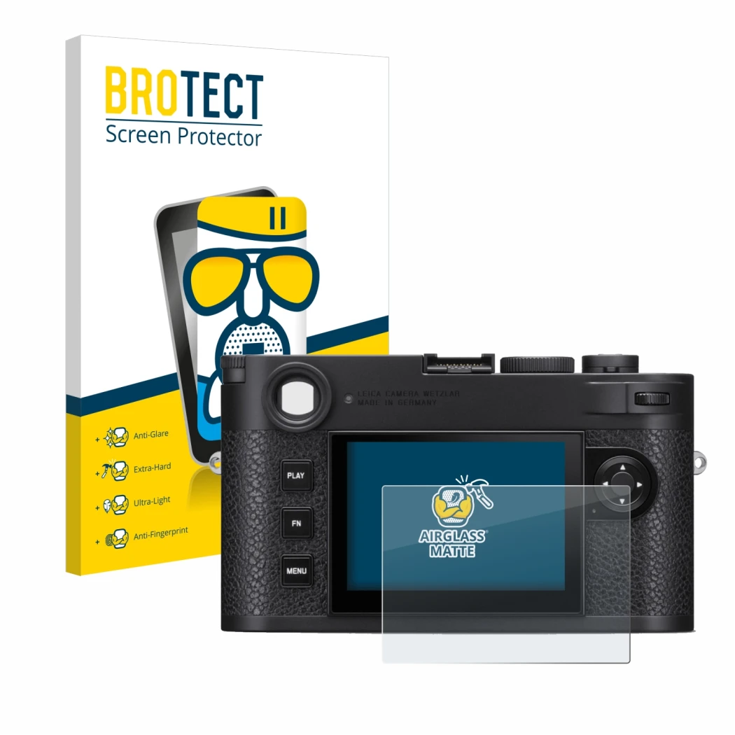 Vorderseite einer Produktverpackung mit dem Markenlogo BROTECT. Daneben ist das Gerät Leica M11 mit dem zugehörigen Displaysch