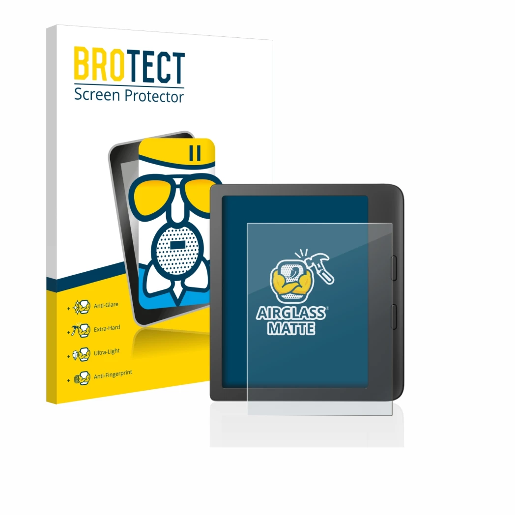 Vorderseite einer Produktverpackung mit dem Markenlogo BROTECT. Daneben ist das Gerät Tolino Vision 6 mit dem zugehörigen Disp