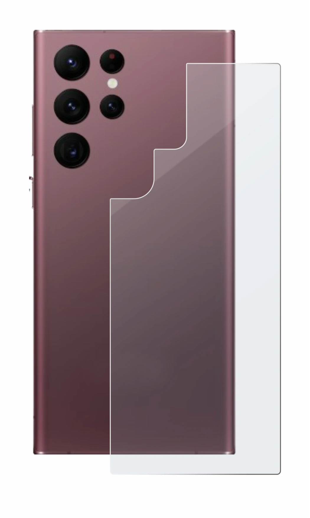 Abbildung des Geräts Samsung Galaxy S22 Ultra 5G (Rückseite) mit einer Vielzahl des Displayschutzes.