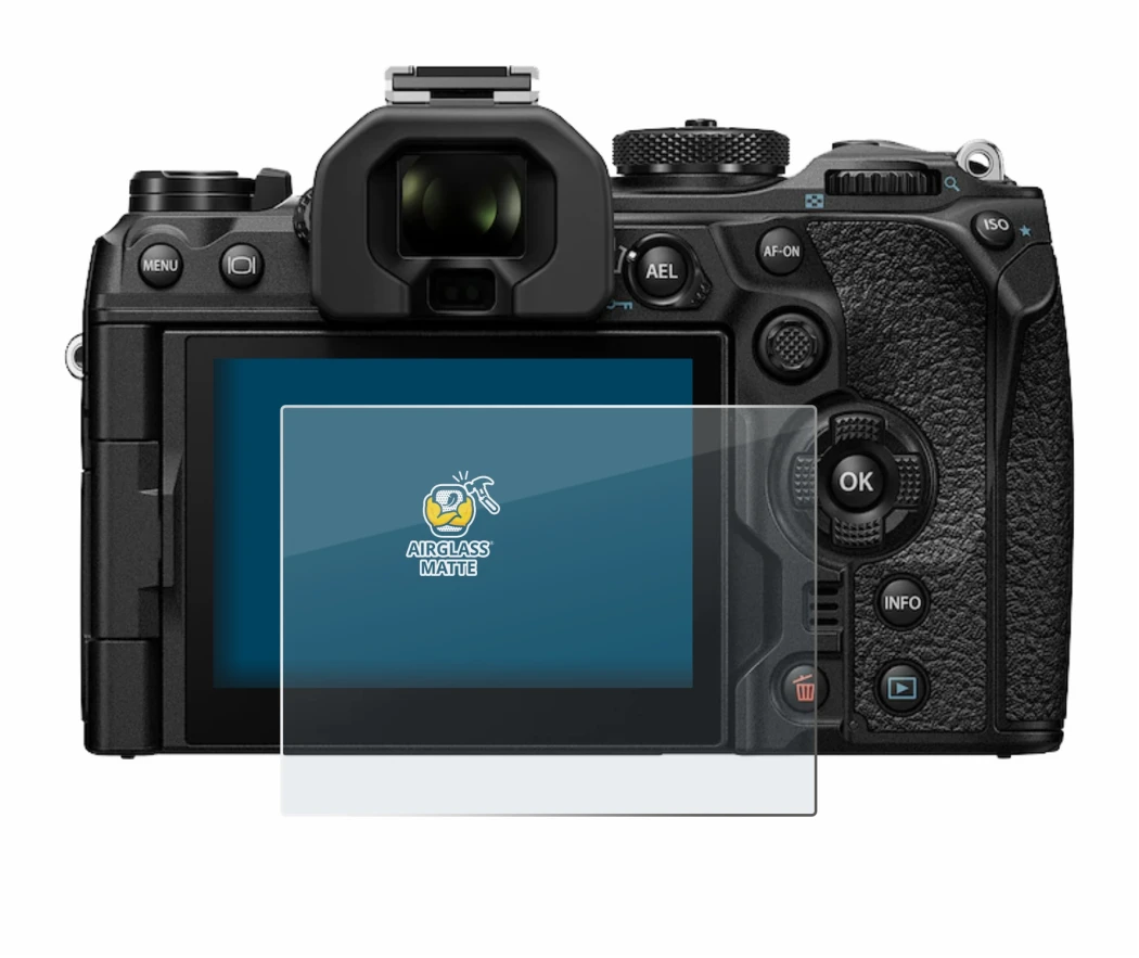 Abbildung des Geräts Olympus OM-1 2022 mit einer Vielzahl des Displayschutzes.