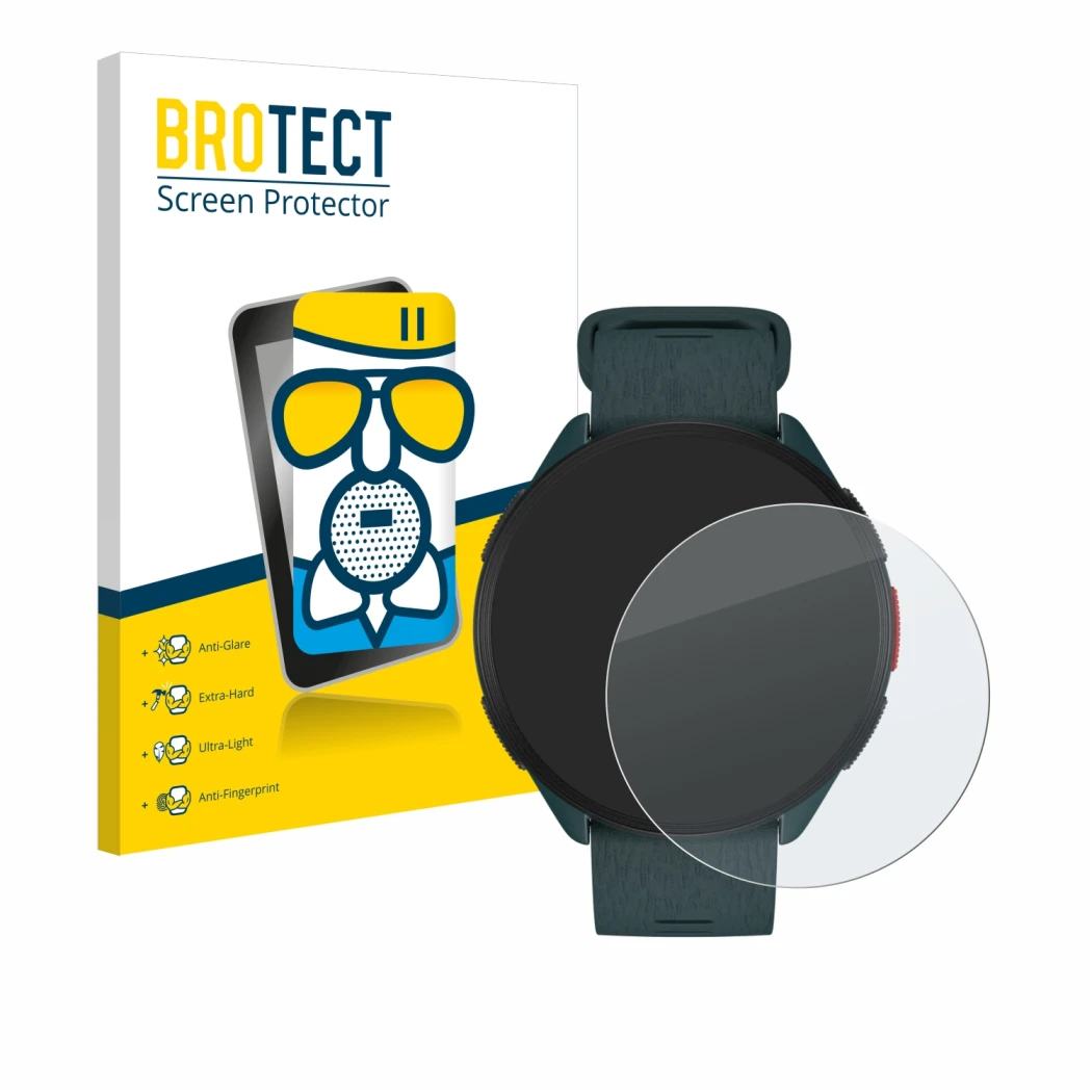 Vorderseite einer Produktverpackung mit dem Markenlogo BROTECT. Daneben ist das Gerät Polar Pacer mit dem zugehörigen Displays