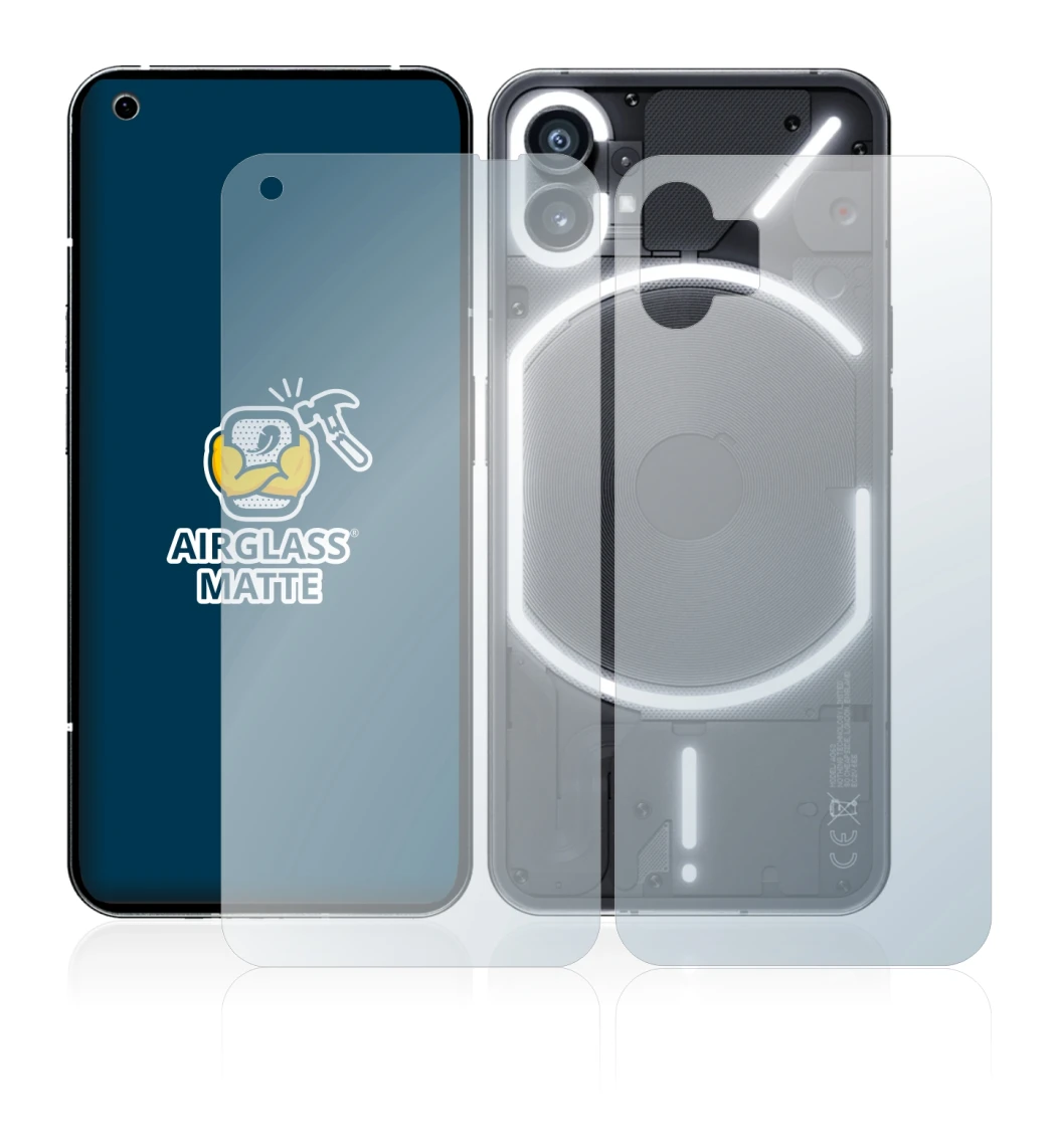 Abbildung des Geräts Nothing Phone (1) (Display+Rückseite) mit einer Vielzahl des Displayschutzes.