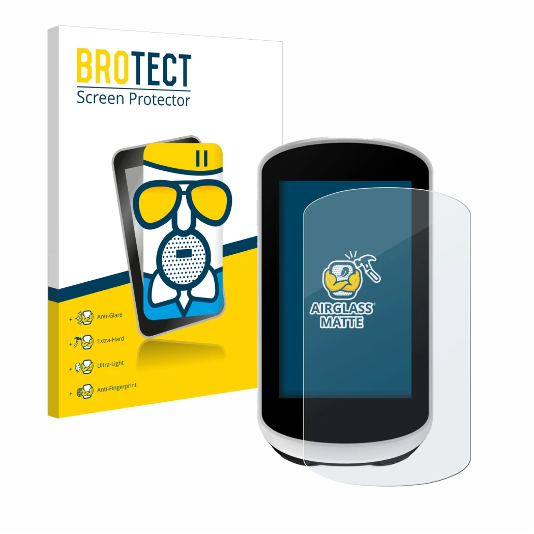 Vorderseite einer Produktverpackung mit dem Markenlogo BROTECT. Daneben ist das Gerät Garmin Edge Explore 2 mit dem zugehörige