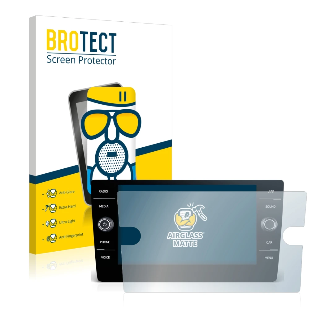 Vorderseite einer Produktverpackung mit dem Markenlogo BROTECT. Daneben ist das Gerät Volkswagen T-Roc R Line 2022 Discover Me