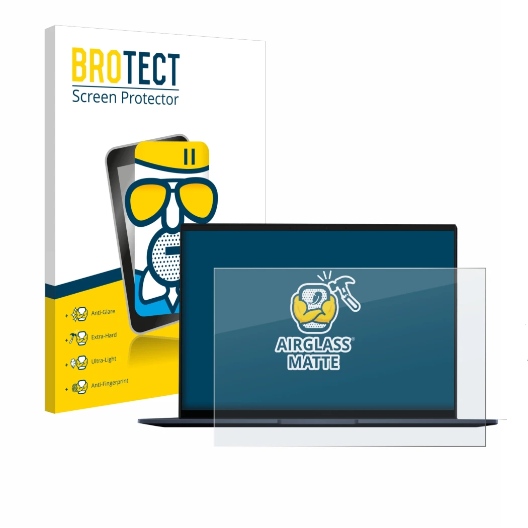 Vorderseite einer Produktverpackung mit dem Markenlogo BROTECT. Daneben ist das Gerät ASUS ZenBook 14 OLED mit dem zugehörigen