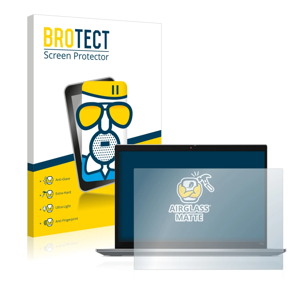 Vorderseite einer Produktverpackung mit dem Markenlogo BROTECT. Daneben ist das Gerät Lenovo ThinkPad T14s Gen 3 mit dem zugeh