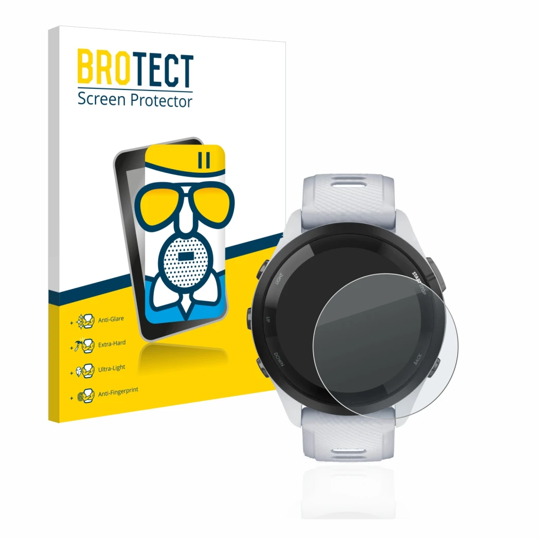 Vorderseite einer Produktverpackung mit dem Markenlogo BROTECT. Daneben ist das Gerät Garmin Forerunner 265 (46 mm) mit dem zu