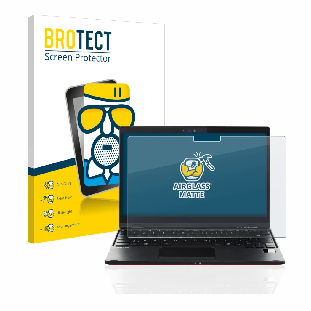 Vorderseite einer Produktverpackung mit dem Markenlogo BROTECT. Daneben ist das Gerät Fujitsu Lifebook U9311X mit dem zugehöri