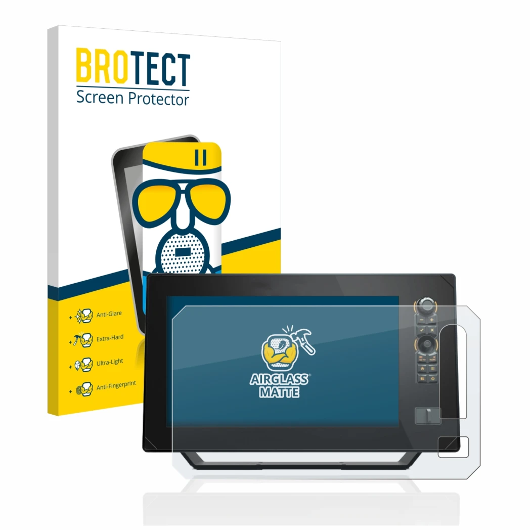 Vorderseite einer Produktverpackung mit dem Markenlogo BROTECT. Daneben ist das Gerät Humminbird Apex 13 MEGA SI+ mit dem zuge