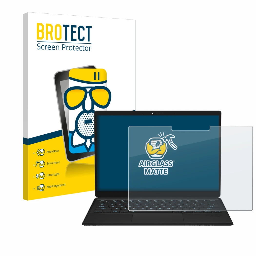 Vorderseite einer Produktverpackung mit dem Markenlogo BROTECT. Daneben ist das Gerät ASUS ROG Flow Z13 2023 mit dem zugehörig