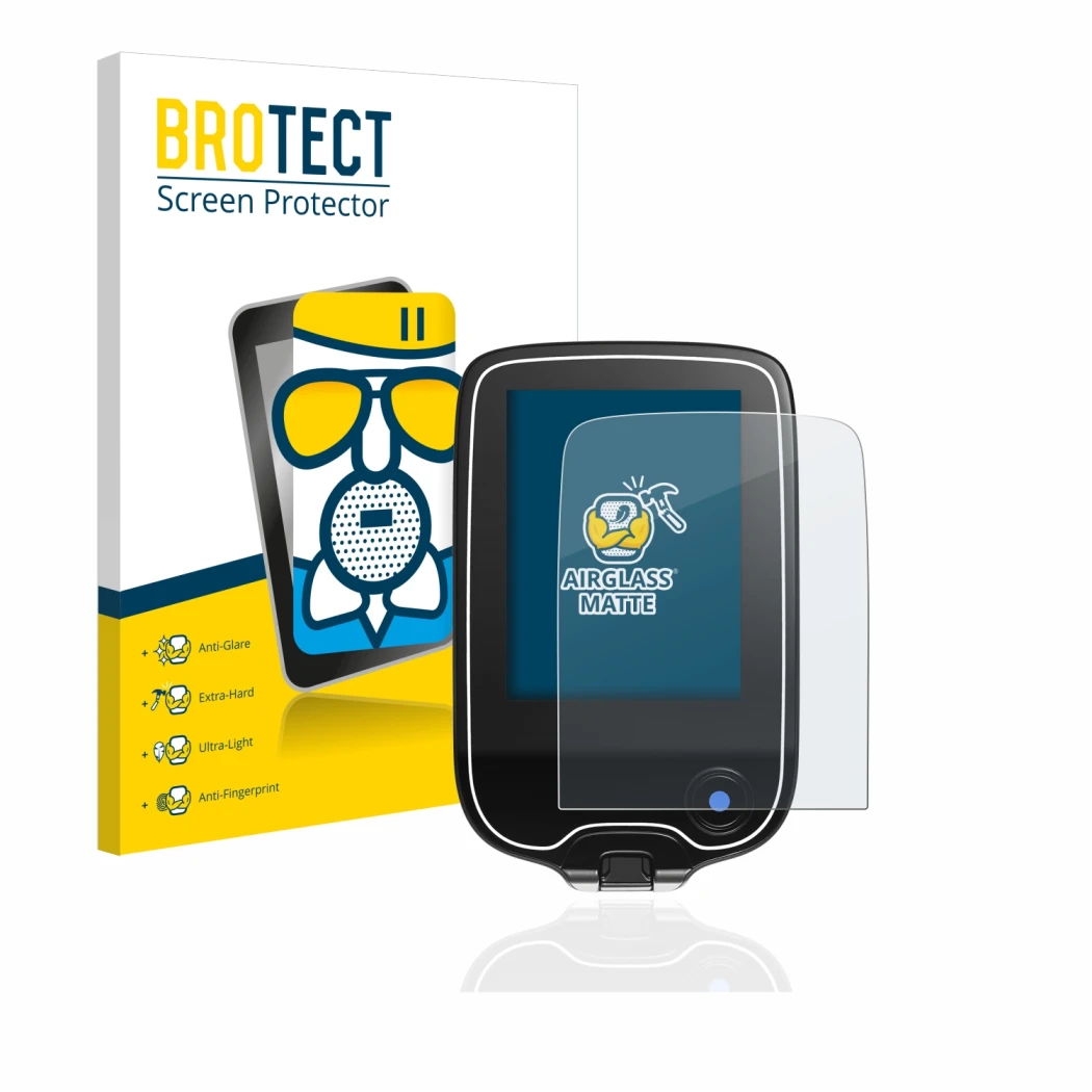 Vorderseite einer Produktverpackung mit dem Markenlogo BROTECT. Daneben ist das Gerät Freestyle Libre 3 mit dem zugehörigen Di