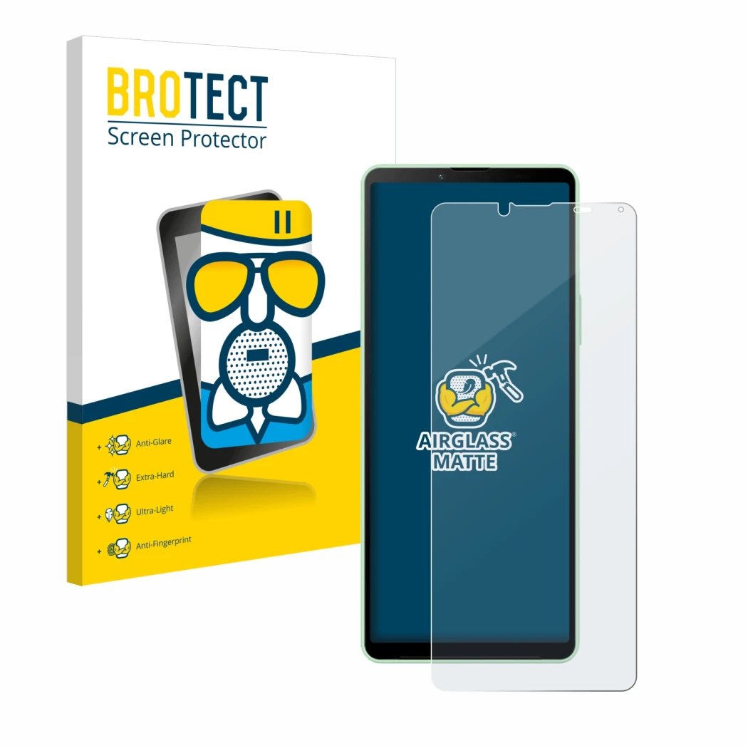 Vorderseite einer Produktverpackung mit dem Markenlogo BROTECT. Daneben ist das Gerät Sony Xperia 10 V mit dem zugehörigen Dis