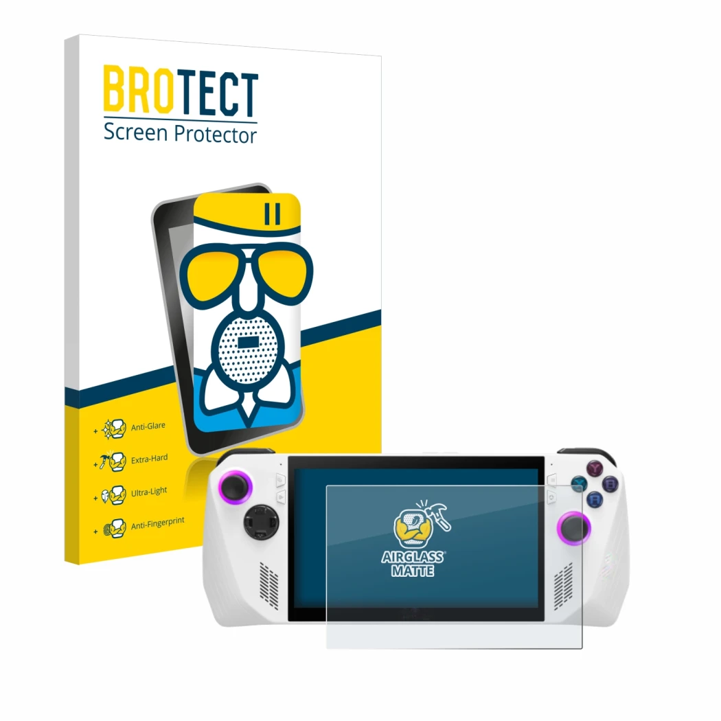 Vorderseite einer Produktverpackung mit dem Markenlogo BROTECT. Daneben ist das Gerät ASUS ROG Ally (2023) RC71L mit dem zugeh