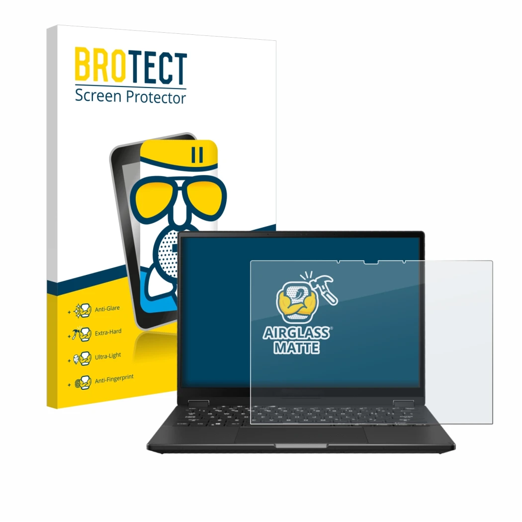 Vorderseite einer Produktverpackung mit dem Markenlogo BROTECT. Daneben ist das Gerät ASUS ROG Flow X13 2023 mit dem zugehörig