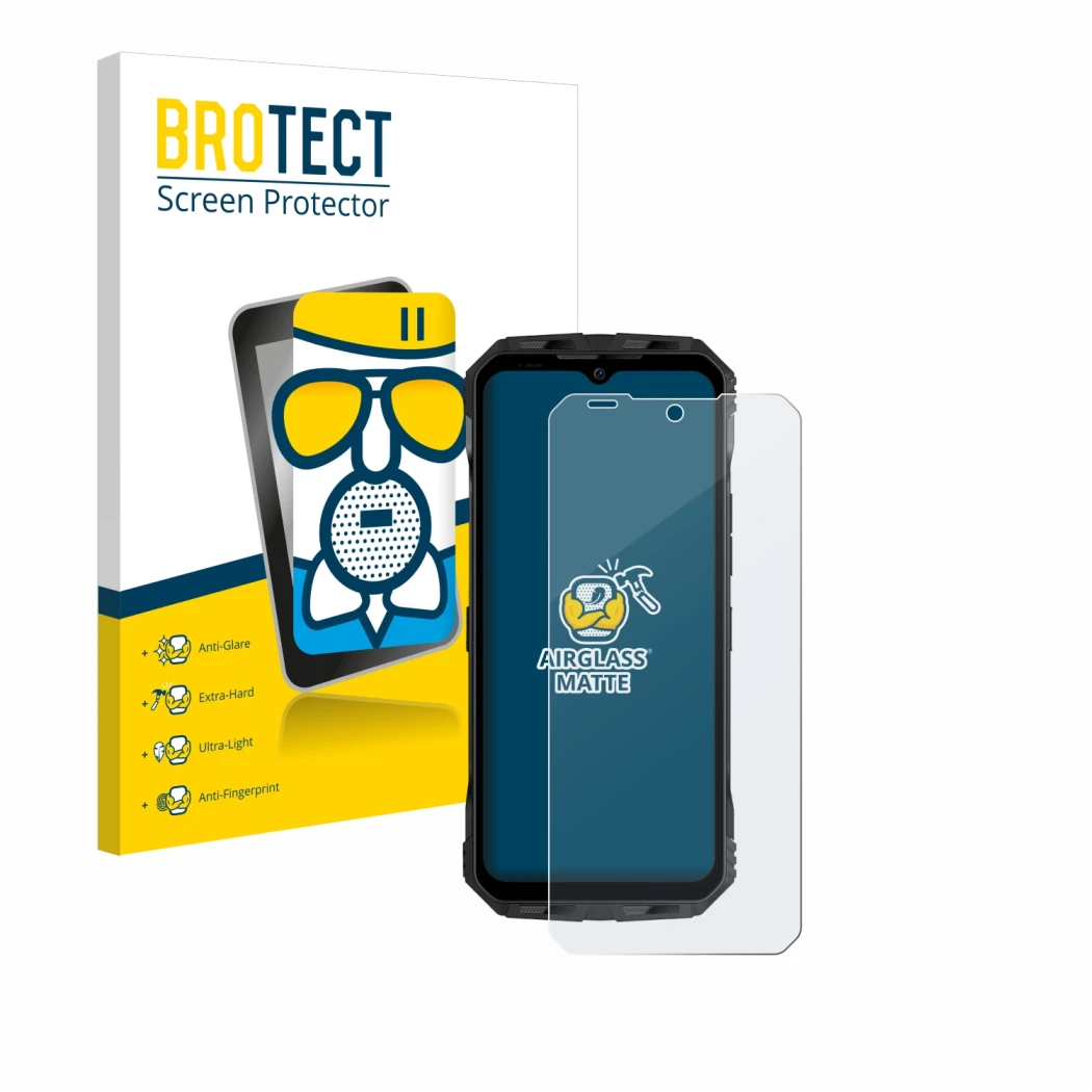 Vorderseite einer Produktverpackung mit dem Markenlogo BROTECT. Daneben ist das Gerät Doogee V30 mit dem zugehörigen Displaysc