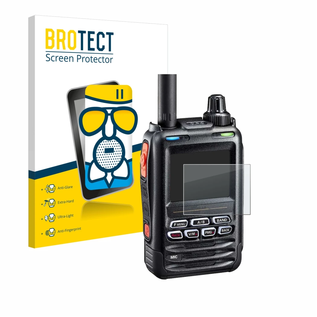 Vorderseite einer Produktverpackung mit dem Markenlogo BROTECT. Daneben ist das Gerät Yaesu FT-5DE/DR mit dem zugehörigen Disp