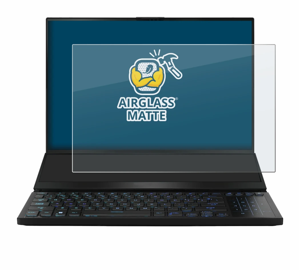 Abbildung des Geräts ASUS ROG Zephyrus Duo 16 2023 mit einer Vielzahl des Displayschutzes.