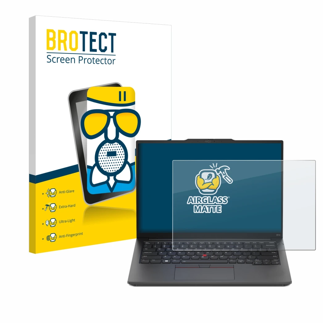 Vorderseite einer Produktverpackung mit dem Markenlogo BROTECT. Daneben ist das Gerät Lenovo ThinkPad E14 Gen 5 mit dem zugehö