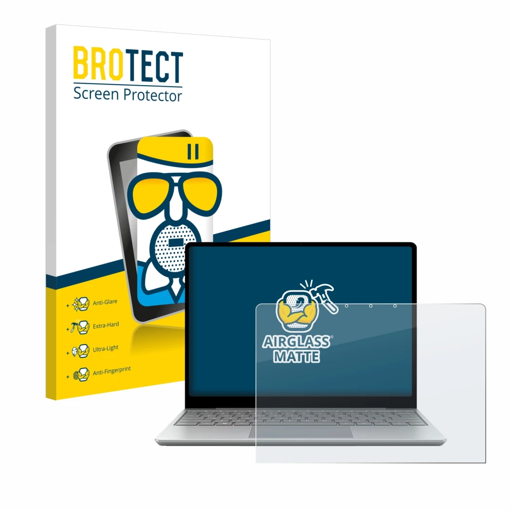 Vorderseite einer Produktverpackung mit dem Markenlogo BROTECT. Daneben ist das Gerät Microsoft Surface Laptop Go 3 Business m