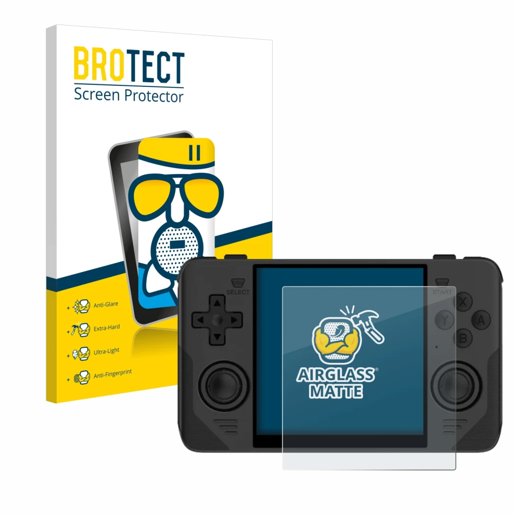 Vorderseite einer Produktverpackung mit dem Markenlogo BROTECT. Daneben ist das Gerät Powkiddy RGB30 mit dem zugehörigen Displ