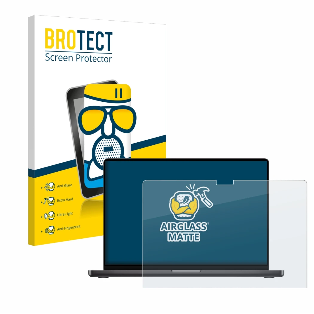 Vorderseite einer Produktverpackung mit dem Markenlogo BROTECT. Daneben ist das Gerät Apple MacBook Pro 16