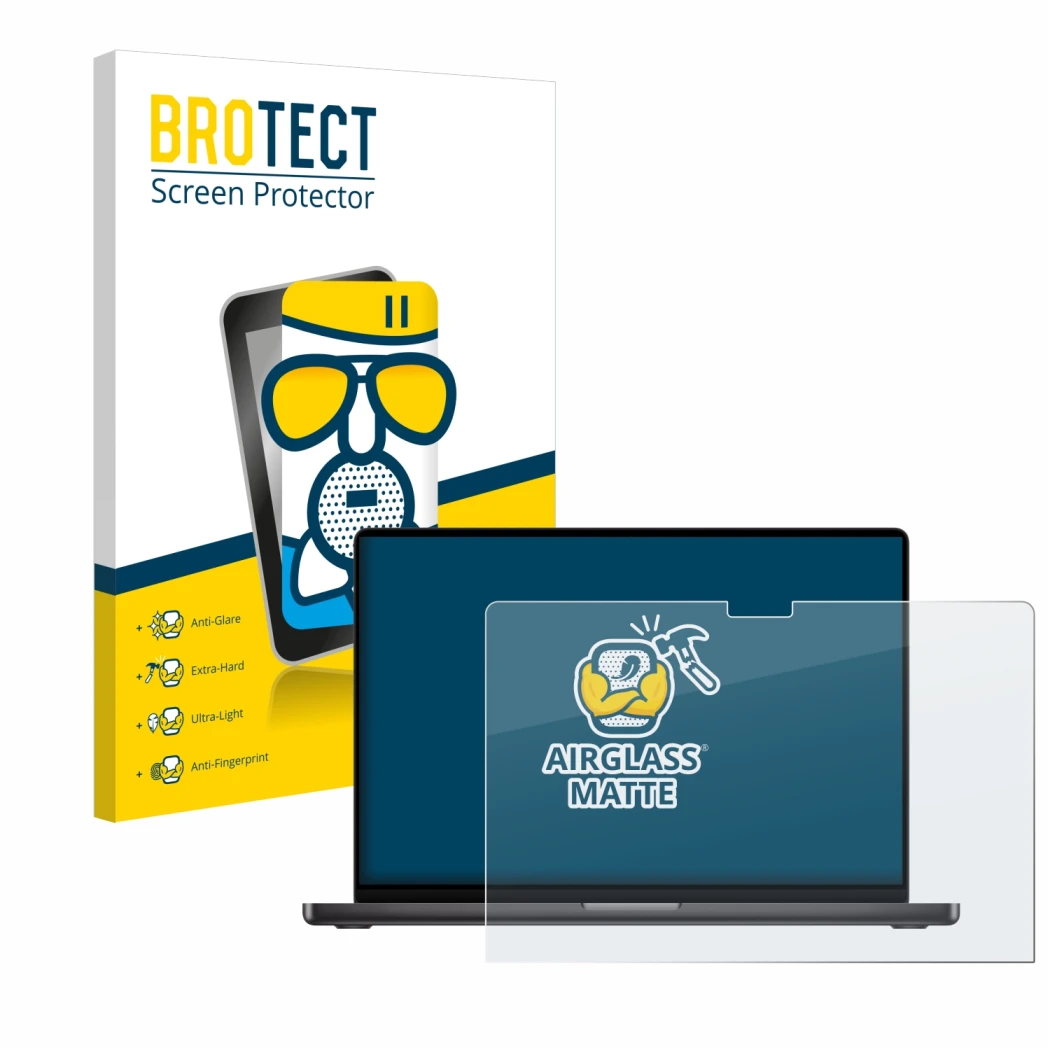 Vorderseite einer Produktverpackung mit dem Markenlogo BROTECT. Daneben ist das Gerät Apple MacBook Pro 14