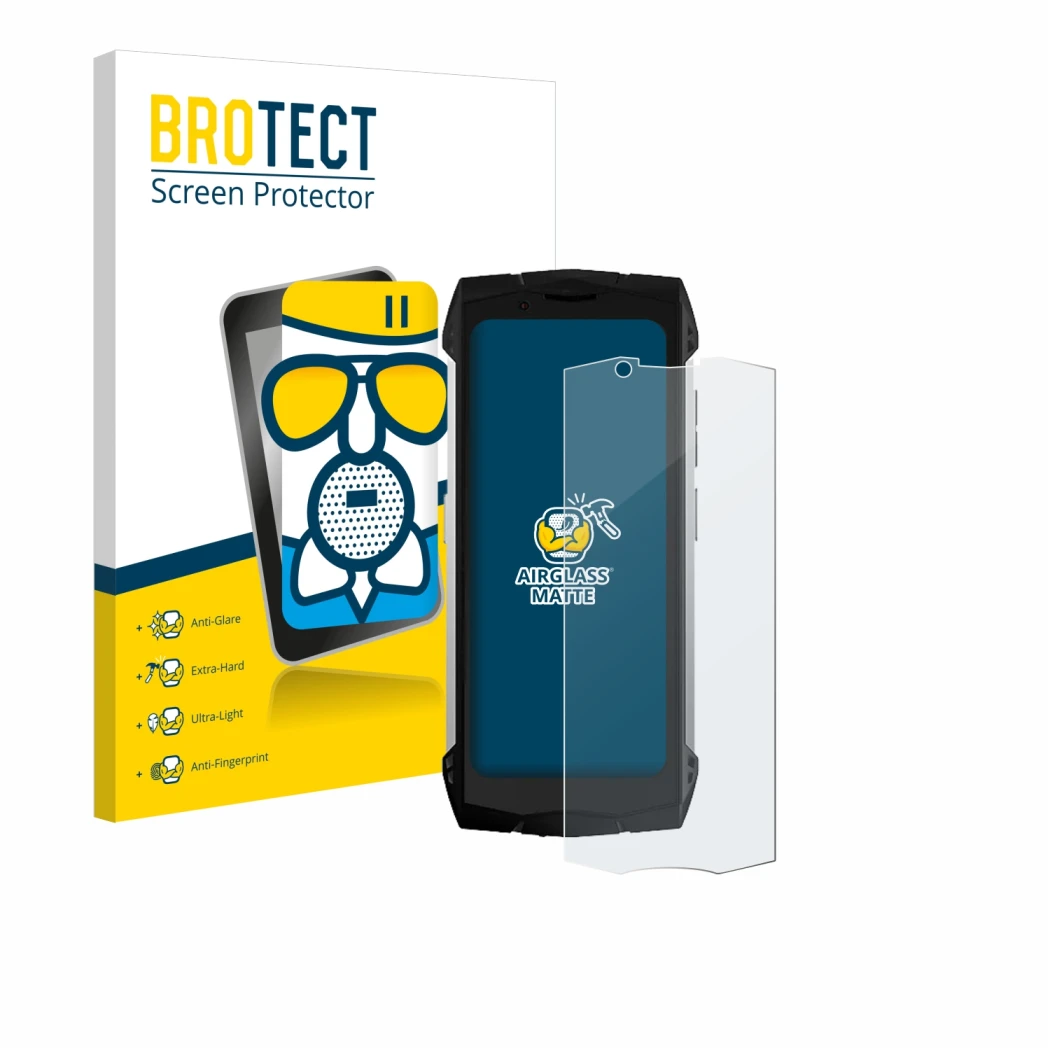 Vorderseite einer Produktverpackung mit dem Markenlogo BROTECT. Daneben ist das Gerät Doogee S Mini mit dem zugehörigen Displa