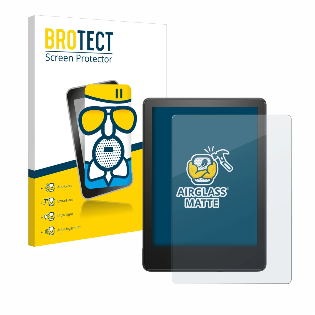 Vorderseite einer Produktverpackung mit dem Markenlogo BROTECT. Daneben ist das Gerät Amazon Kindle Paperwhite 2023 (11. Gen.)