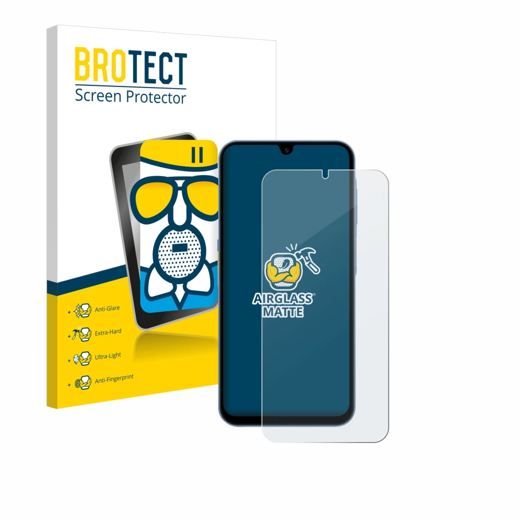 Vorderseite einer Produktverpackung mit dem Markenlogo BROTECT. Daneben ist das Gerät Samsung Galaxy A15 mit dem zugehörigen D