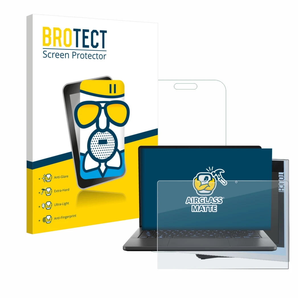 Vorderseite einer Produktverpackung mit dem Markenlogo BROTECT. Daneben ist das Gerät ASUS ROG Zephyrus G14 2024 GA403 mit dem