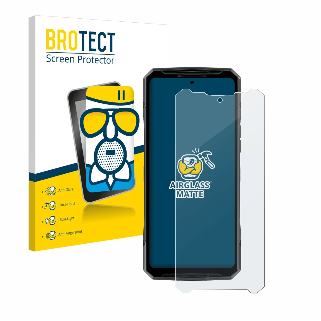 Vorderseite einer Produktverpackung mit dem Markenlogo BROTECT. Daneben ist das Gerät Doogee DK10 mit dem zugehörigen Displays