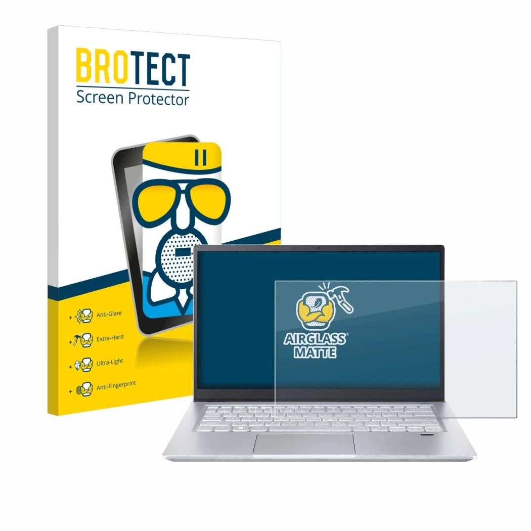 Vorderseite einer Produktverpackung mit dem Markenlogo BROTECT. Daneben ist das Gerät Acer Swift X 14 SFX14-72G Non-Touch mit 