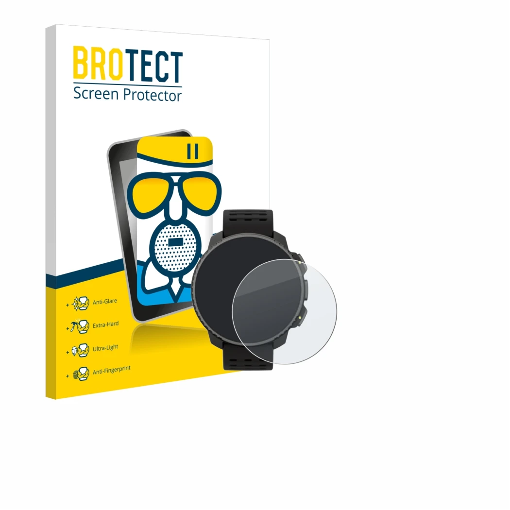 Vorderseite einer Produktverpackung mit dem Markenlogo BROTECT. Daneben ist das Gerät Suunto Vertical Solar mit dem zugehörige