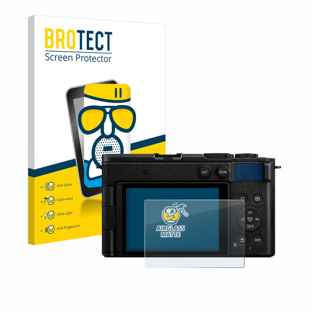 Vorderseite einer Produktverpackung mit dem Markenlogo BROTECT. Daneben ist das Gerät Panasonic Lumix DC-S9 mit dem zugehörige