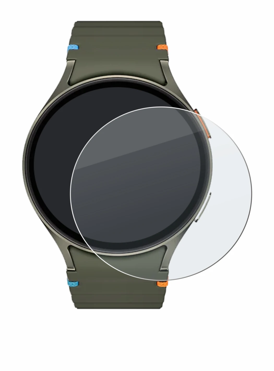 Abbildung des Geräts Samsung Galaxy Watch 7 (44 mm) mit einer Vielzahl des Displayschutzes.