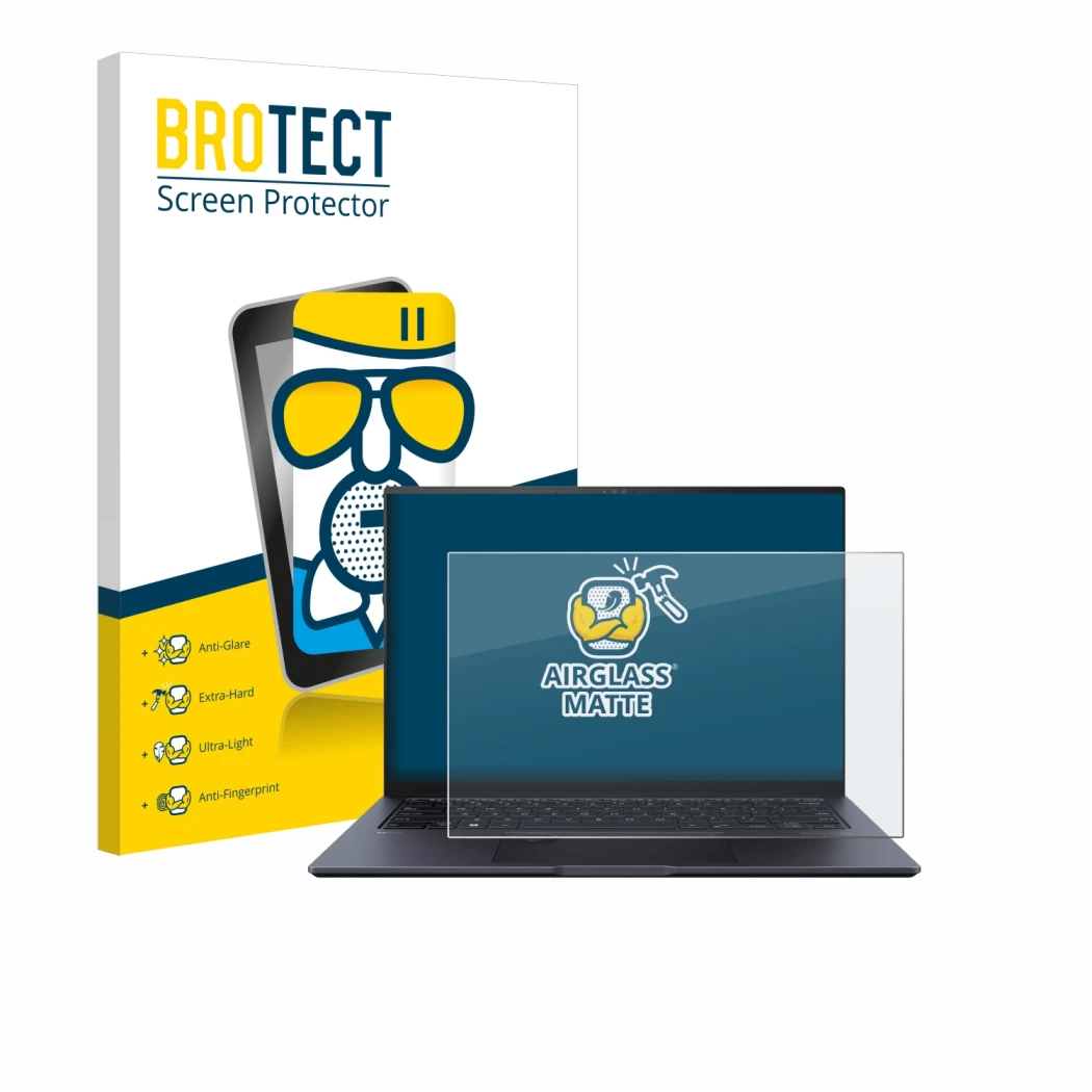 Vorderseite einer Produktverpackung mit dem Markenlogo BROTECT. Daneben ist das Gerät ASUS ZenBook Pro 14 UX6404V mit dem zuge