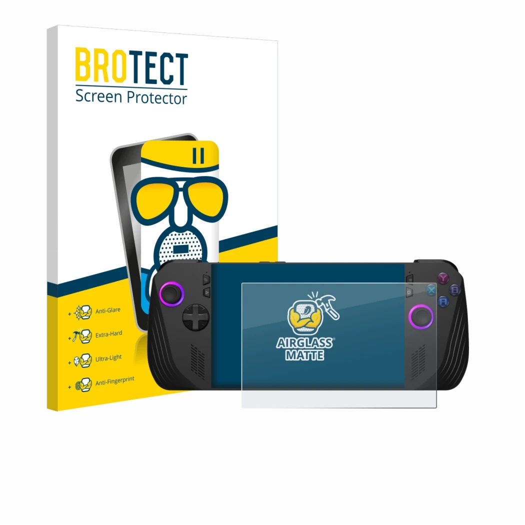 Vorderseite einer Produktverpackung mit dem Markenlogo BROTECT. Daneben ist das Gerät ASUS ROG Ally X (2024) mit dem zugehörig