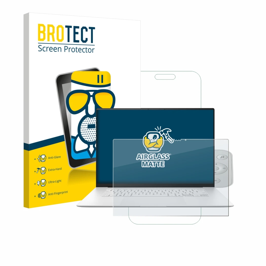 Vorderseite einer Produktverpackung mit dem Markenlogo BROTECT. Daneben ist das Gerät ASUS ZenBook S 16 mit dem zugehörigen Di