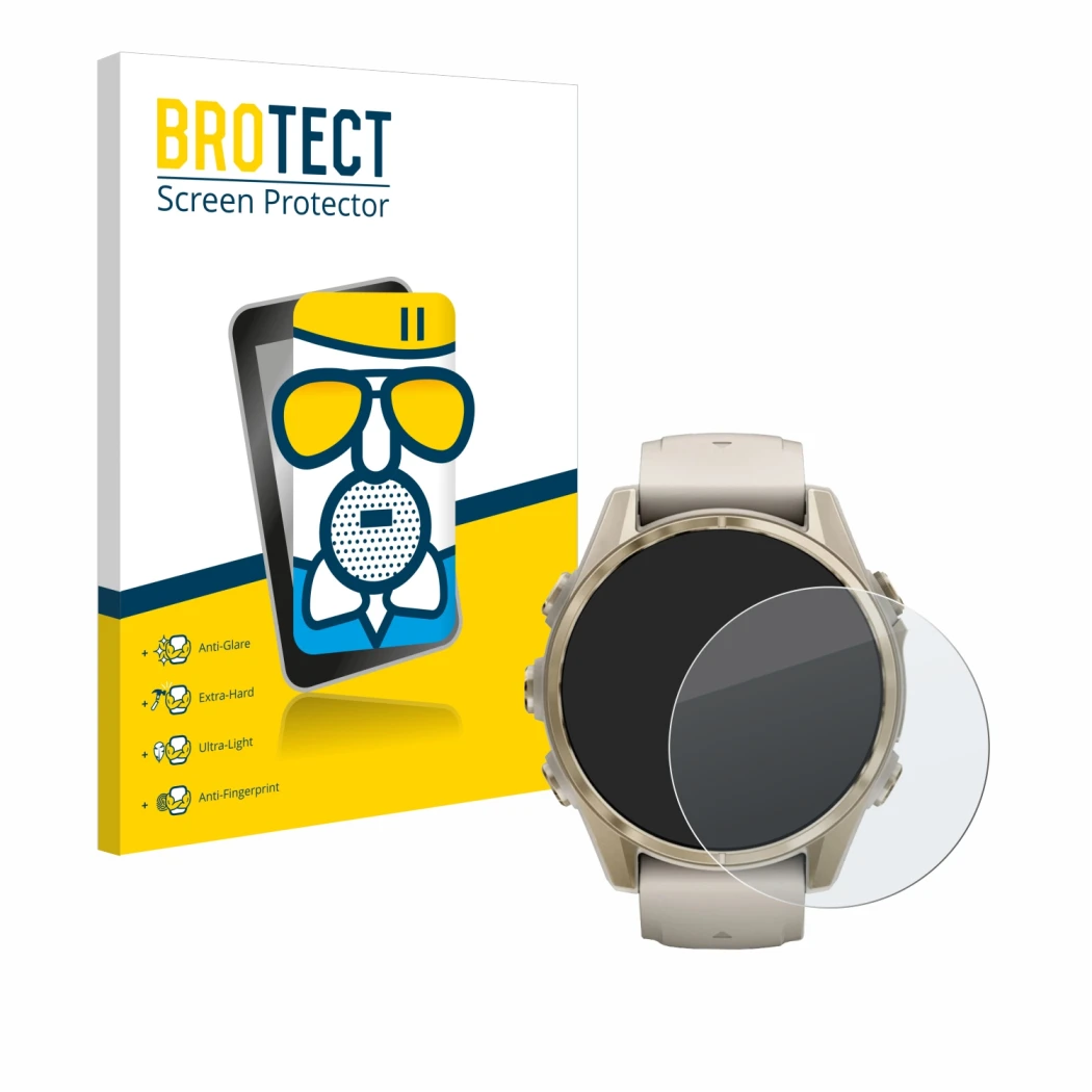 Vorderseite einer Produktverpackung mit dem Markenlogo BROTECT. Daneben ist das Gerät Garmin Fenix 8 (43 mm) mit dem zugehörig