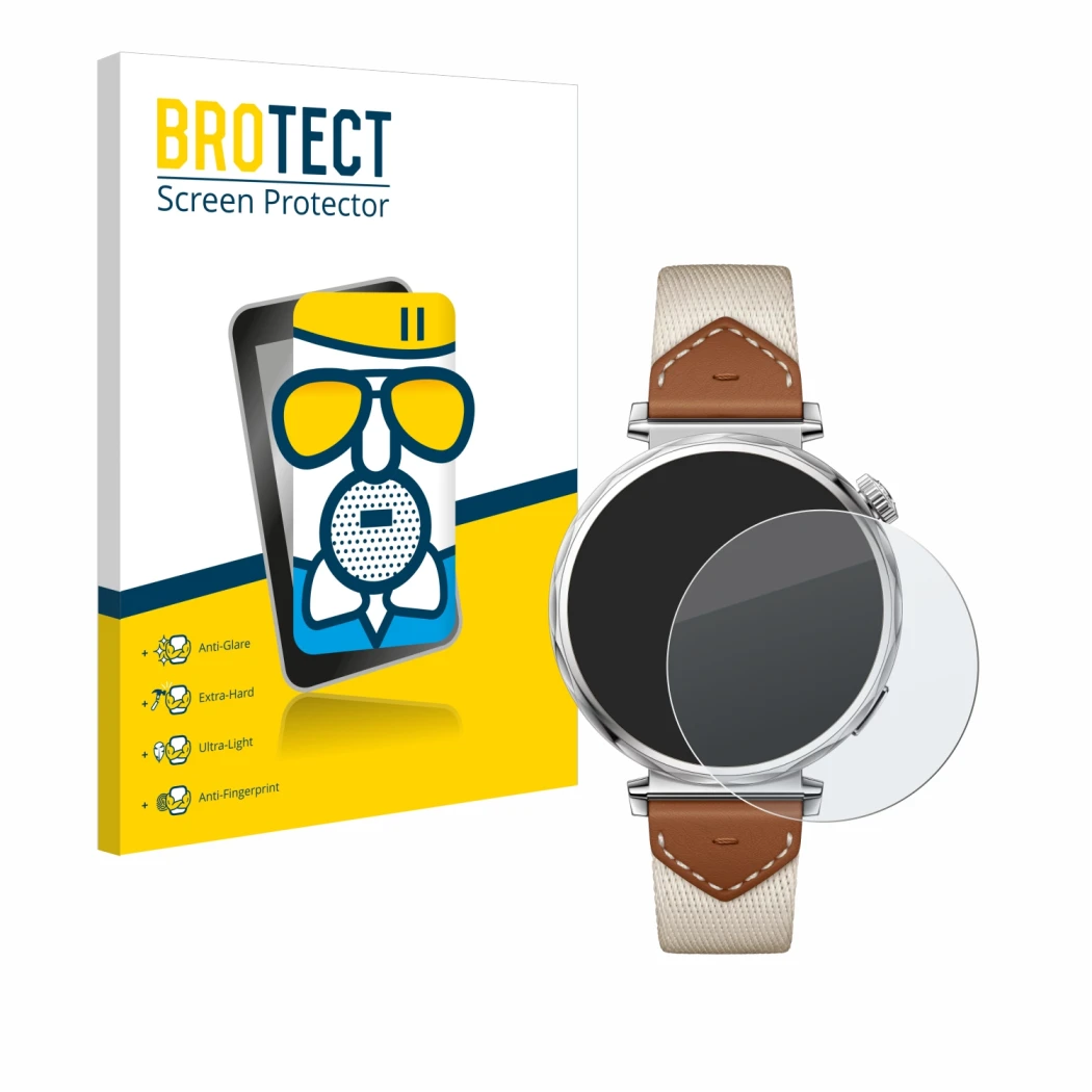 Vorderseite einer Produktverpackung mit dem Markenlogo BROTECT. Daneben ist das Gerät Huawei Watch GT 5 (41 mm) mit dem zugehö