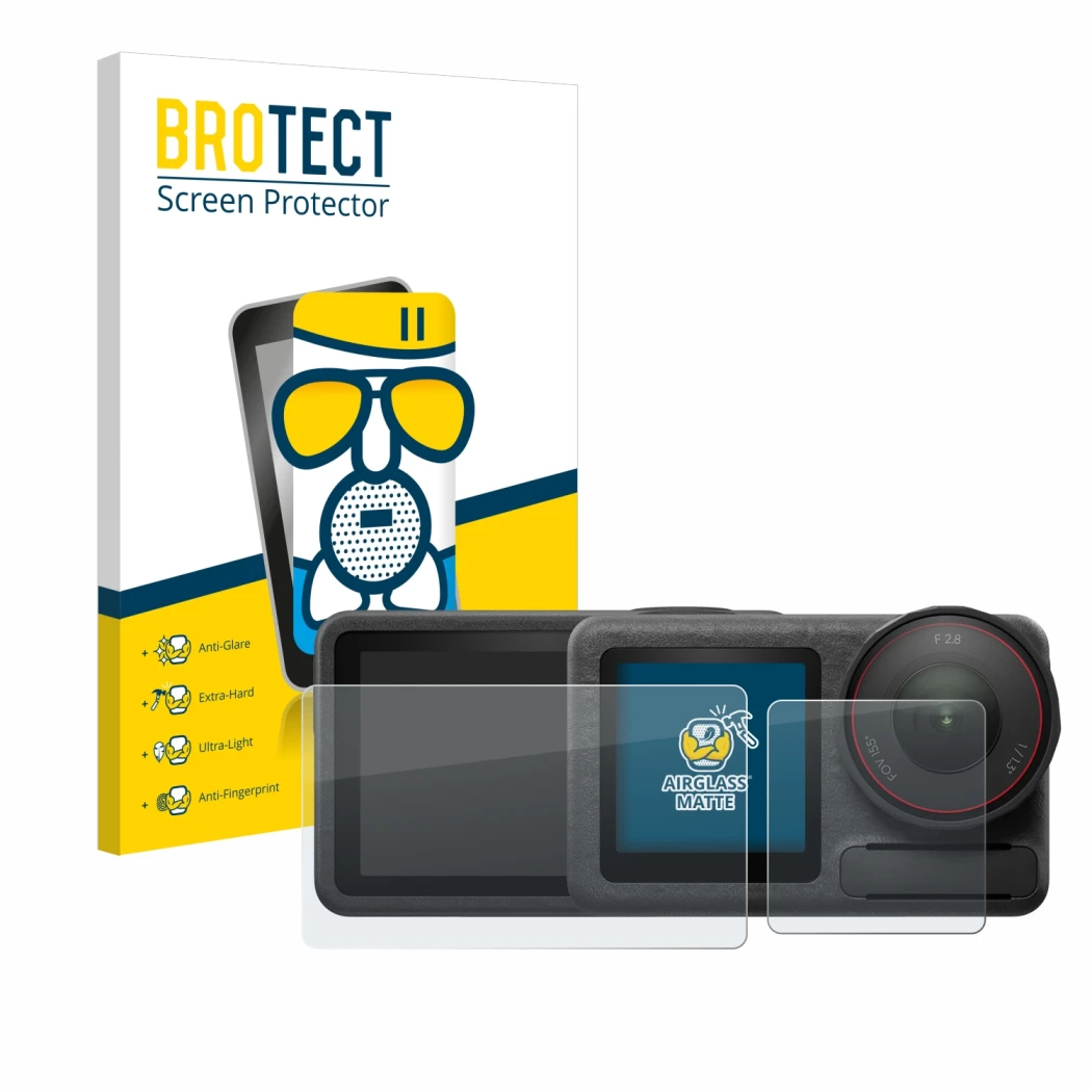 Vorderseite einer Produktverpackung mit dem Markenlogo BROTECT. Daneben ist das Gerät DJI Osmo Action 5 Pro mit dem zugehörige