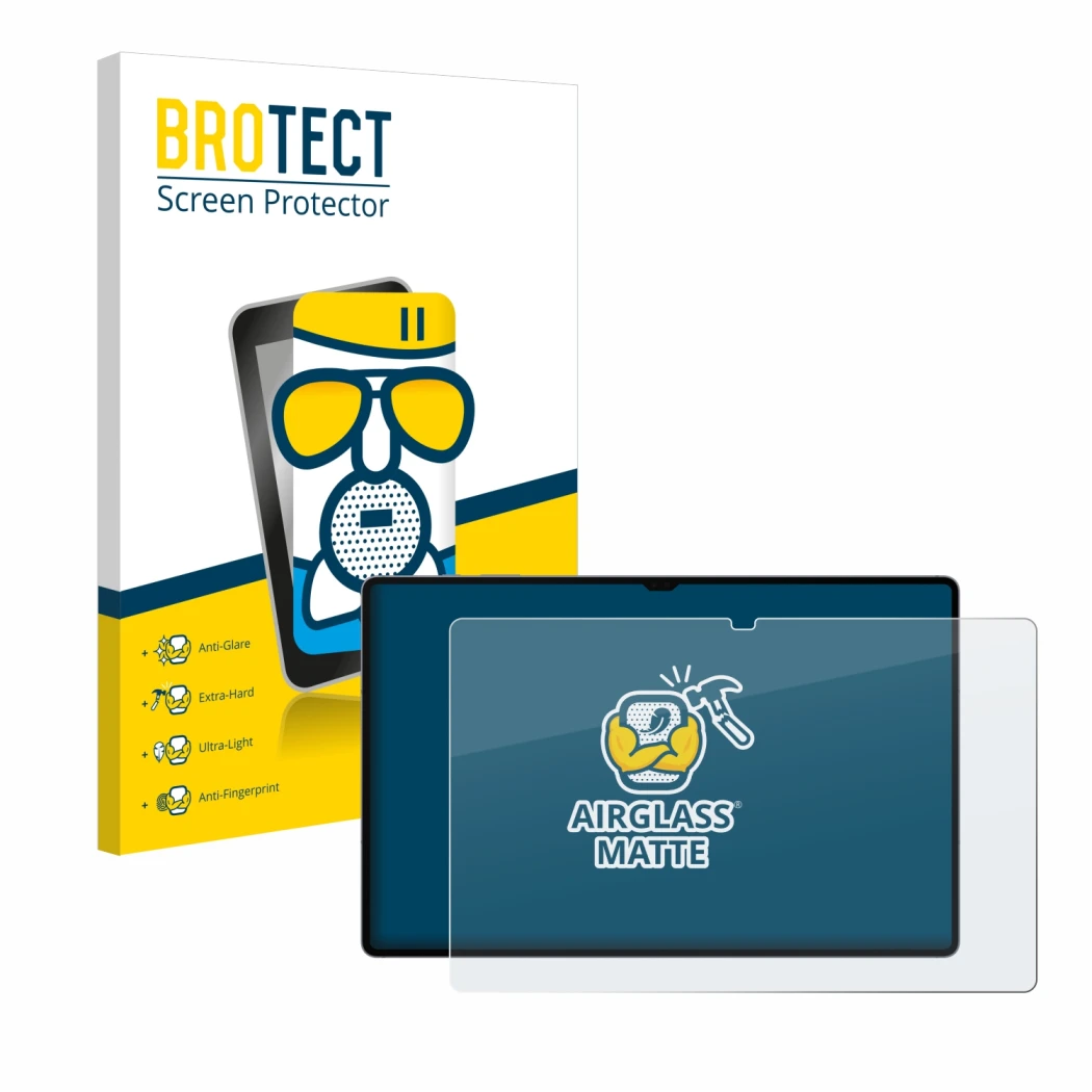 Vorderseite einer Produktverpackung mit dem Markenlogo BROTECT. Daneben ist das Gerät Samsung Galaxy Tab S10 Ultra 5G mit dem 