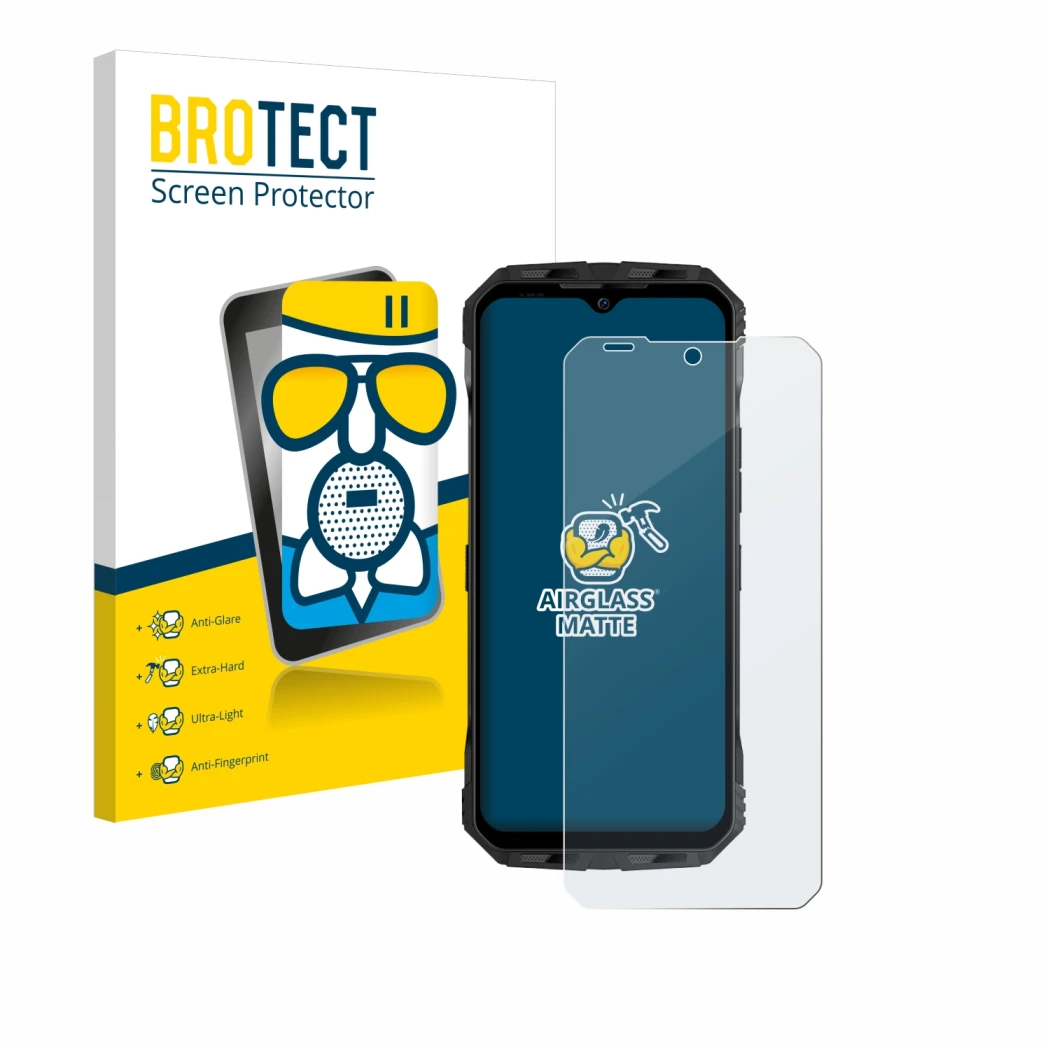 Vorderseite einer Produktverpackung mit dem Markenlogo BROTECT. Daneben ist das Gerät Doogee V Max Plus mit dem zugehörigen Di