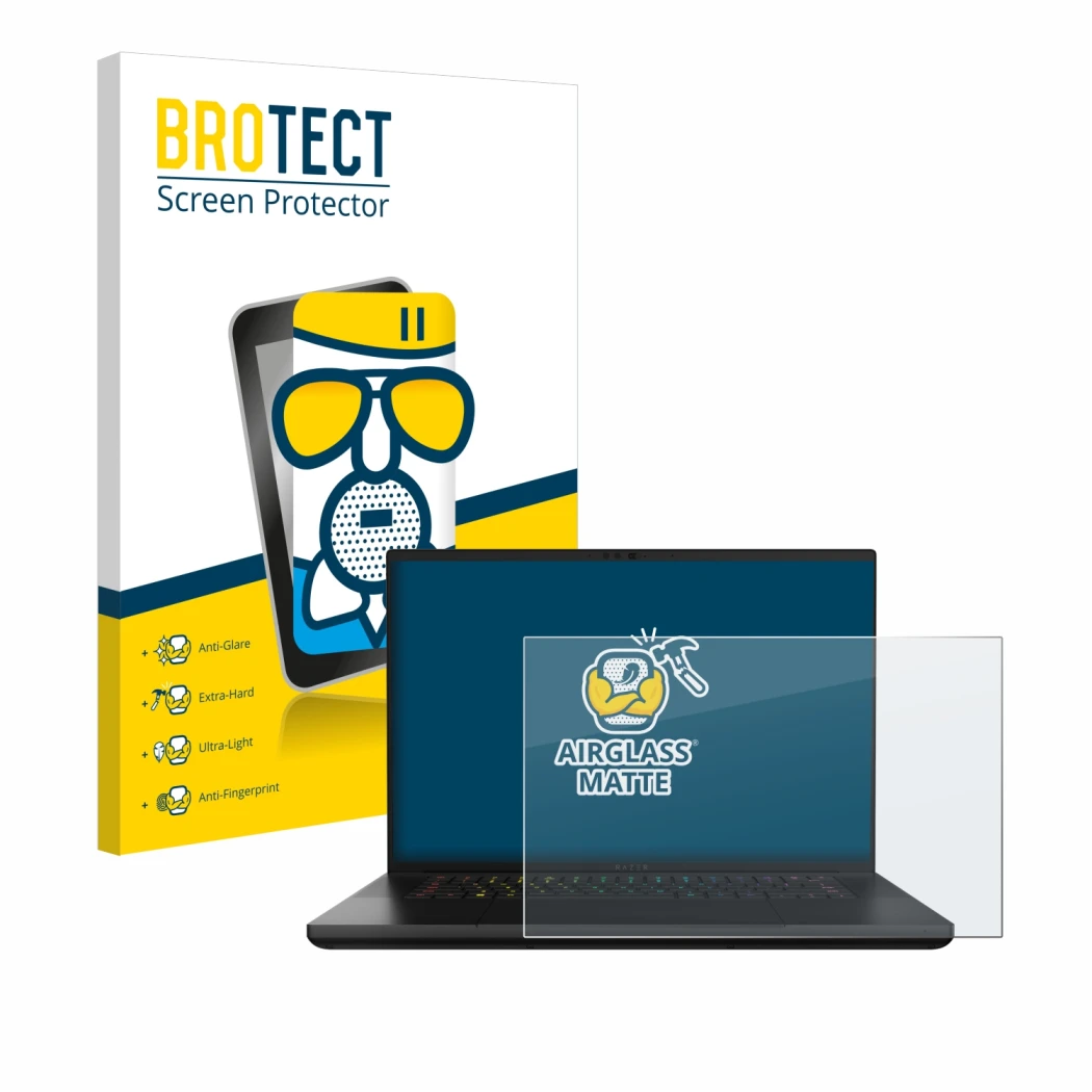 Vorderseite einer Produktverpackung mit dem Markenlogo BROTECT. Daneben ist das Gerät Razer Blade 16 2024 mit dem zugehörigen 