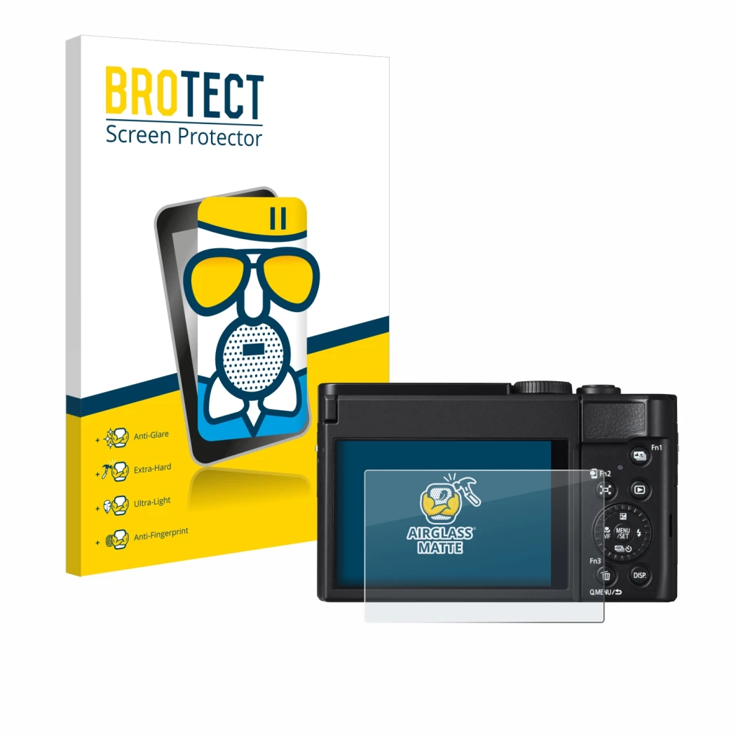 Vorderseite einer Produktverpackung mit dem Markenlogo BROTECT. Daneben ist das Gerät Panasonic Lumix DC-TZ99 mit dem zugehöri