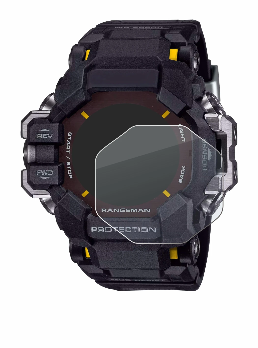 Abbildung des Geräts Casio G-Shock GPR-H 1000 mit einer Vielzahl des Displayschutzes.