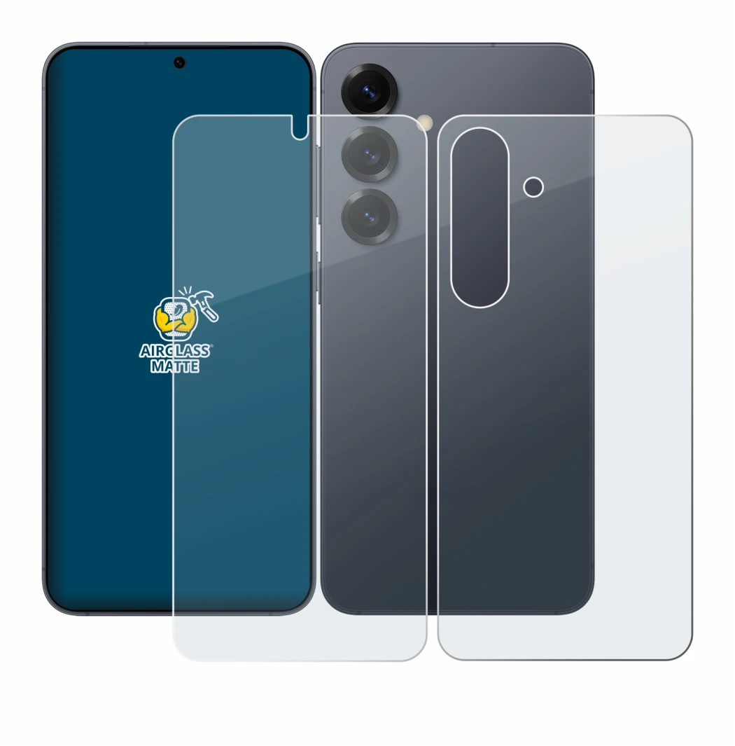Abbildung des Geräts Samsung Galaxy S25 (Display+Rückseite) mit einer Vielzahl des Displayschutzes.